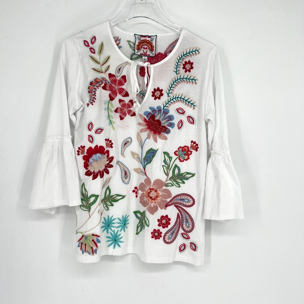 Johnny Was Top Womens S White Bell Sleeve Embroidered Floral Boho Hippie Western